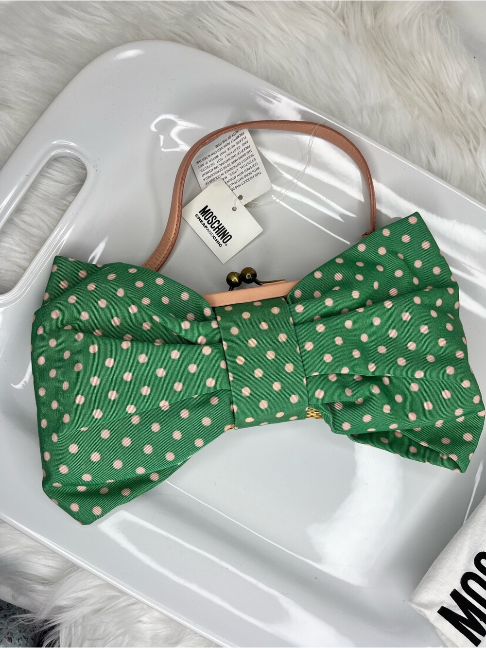 Vintage NWT  Moschino Green Polka Dot Bow Clutch